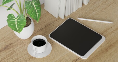3d render Working desk with white background. tablet pencil, green plant and coffee cup on wood table. minimal workspace. simple wall interior design concept template.