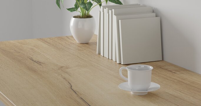 3d render Working desk with white background. blank book, green plant and coffee cup on wood table. minimal workspace. simple wall interior design concept template.