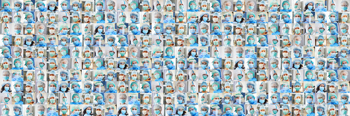 Panorama Portrait Collage von Ärzten und Pflege Team mit Mundschutz