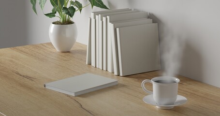3d render Working desk with white background. blank book, green plant and coffee cup on wood table. minimal workspace. simple wall interior design concept template.