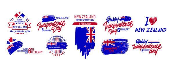Set of Happy independence day, 6 February. New Zealand Auckland Greatest landmarks as symbol of the country. Web banner or greeting card