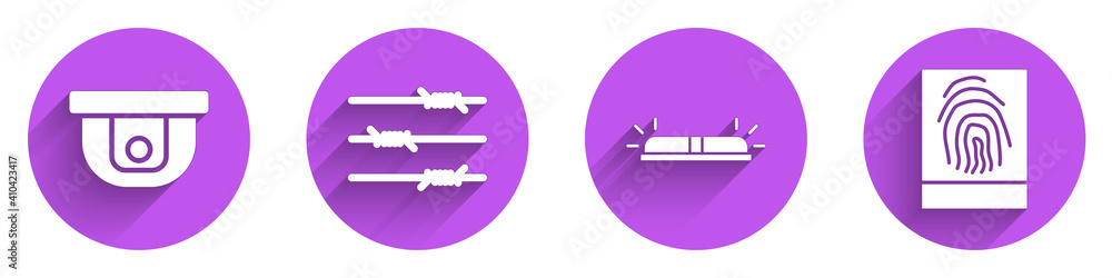 Poster set motion sensor, barbed wire, flasher siren and fingerprint icon with long shadow. vector.