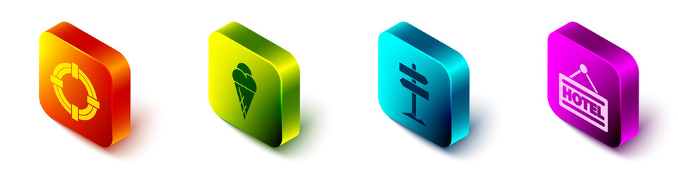 Set Isometric Lifebuoy, Ice cream in waffle cone, Road traffic signpost and Signboard with text Hotel icon. Vector. © Vadim
