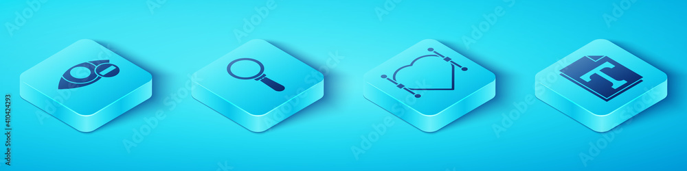 Poster set isometric red eye effect, magnifying glass, text file document and heart with bezier curve icon.