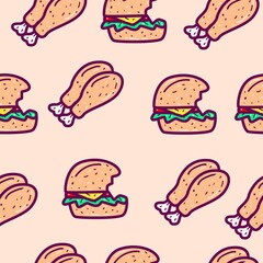 Seamless pattern design of doodle cartoon burger and chicken