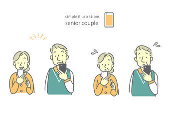スマートフォンを持って満足のシニア夫婦と不安なシニア夫婦　シンプルな線画イラスト素材