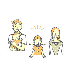 シンプルでおしゃれな4人家族の線画イラスト素材　笑顔