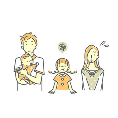 シンプルでおしゃれな4人家族の線画イラスト素材　困る