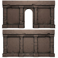 A cartoon stone wall in two copies, with and without a passage, they are littered with chips, cracks and dirt. constructor for 2d game. 2d illustration