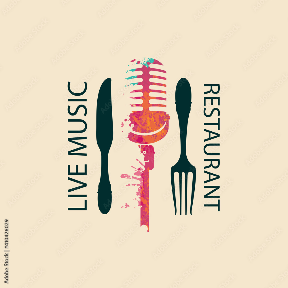 Poster vector menu or banner in retro style for restaurant with live music decorated with fork, knife and a