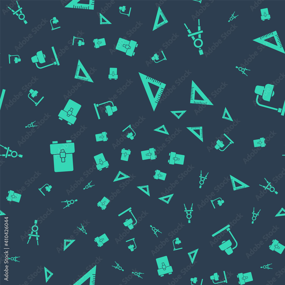 Aufkleber set triangular ruler, drawing compass, school backpack and table lamp on seamless pattern. vector.