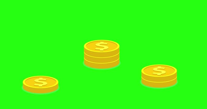 4K Looped animation, stack of Golden coins falling on top of each other. Gold, Money falling Down, Green screen background. Money Saving and Economy Concept. 3D animation.