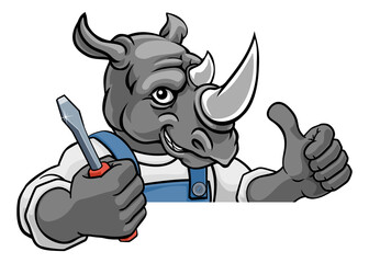 A rhino electrician, handyman or mechanic holding a screwdriver and peeking round a sign