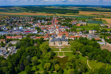 Aerial view of the old town of Werneck in Germany, Bavaria on a sunny spring day	