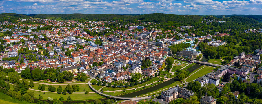 Aerial view of the old town of the city Bad Kissingen in Germany on a sunny day in spring.	
