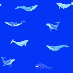 Fototapeta premium Simple seamless trendy pattern with different types of whales. Flat design print on white background.