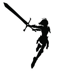 The black silhouette of a fragile girl running into the attack with a huge sword at the ready, drawn in the style of anime . 2d illustration