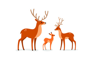 Deer, stag and fawn.  Flat line vector illustration.