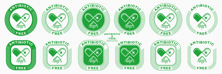Concept for product packaging. Labeling - no antibiotics. A stamp with an open capsule badge, poured medication and a line of flowing ingredient - a symbol of freedom. Vector set.	
