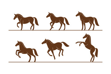 Silhouette of horse. Illustration of animal in various poses. Vector drawing.