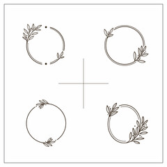 Round botanical frame element with laurel. Simple contour vector illustration for packaging, corporate identity, labels, postcards, invitations.