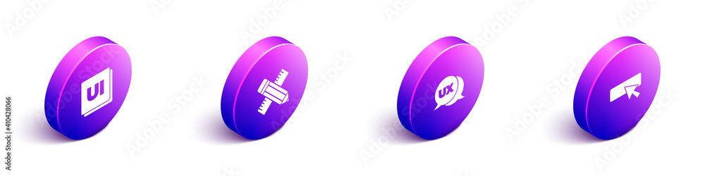 Poster set isometric ui or ux design, crossed ruler and pencil, and icon. vector.