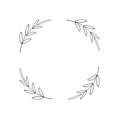 A simple round wreath of four branches with leaves. Decorative frame, linear style, design element for logo, tag, greeting card. Minimalistic floral border. Vector illustration isolated on white