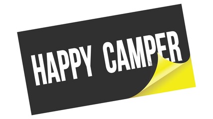 HAPPY  CAMPER text on black yellow sticker stamp.