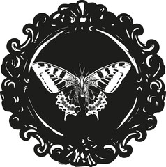 Fototapeta na wymiar Butterfly inside of Victorian frame - Gothic black and white stylized vector