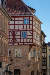 Street with facades of half-timbered houses in Coburg