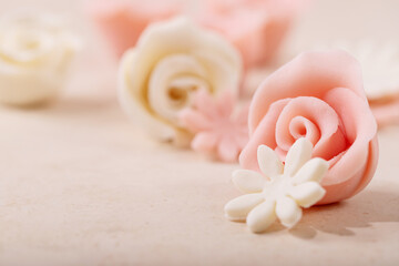 Homemade white and pink marzipan roses