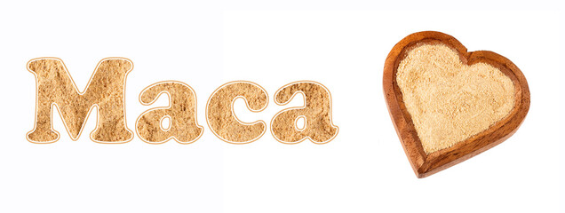 Maca root powder in heart shaped bowl - White background