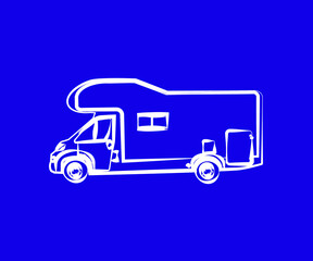 Mobile home on a blue background. House on wheels. Silhouette. Vector illustration.