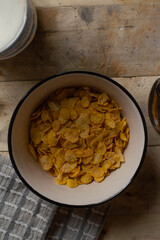 A bowl full off cereal and milk