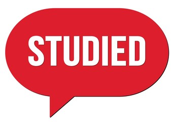 STUDIED text written in a red speech bubble