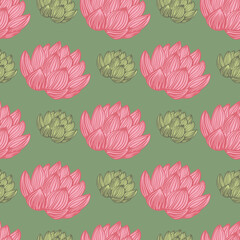Contrast seamless pattern with pink lotus elements print. Green background. Nature summer bloom artwork.