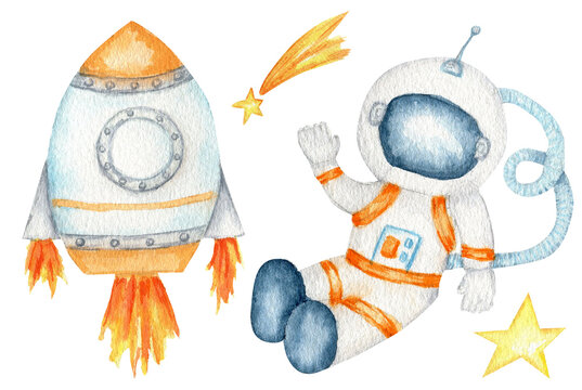 Astronaut in space suit set, Space rocket launch, cosmonaut in helmet, Spaceship start and stars isolated watercolor illustration on white background, Spaceman funny cartoon kid astronout