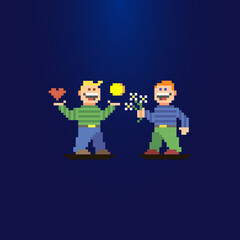 colorful simple flat pixel art illustration of two smiling guys. one boy has a heart and a coin in his hands, and another boy is holding a bouquet of flowers