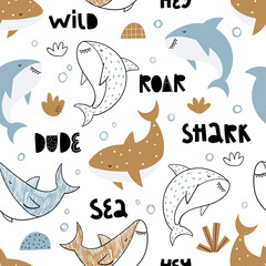 Vector hand-drawn colored childish seamless repeating simple doodle pattern with sharks in scandinavian style on a white background. Cute baby animals. Pattern for kids with sharks. Sea. Underwater.