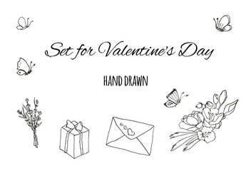 Hand drawn set sketch for Valentine's Day, Wedding, Design, Scrapbook, Romance and Love. A selection of black silhouettes of gifts, letter, flowers, butterflies isolated on white background. Coloring.