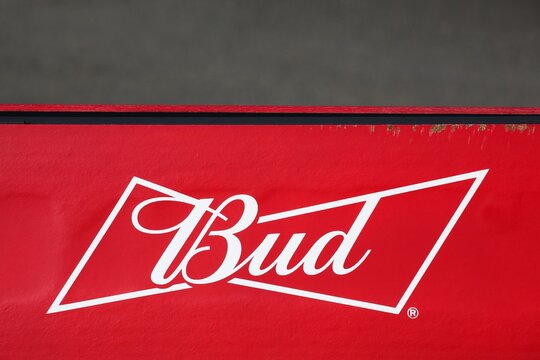 Oingt, France - October 19, 2020: Budweiser logo on a wall. Budweiser is an American-style pale lager produced by Anheuser-Busch, part of AB InBev