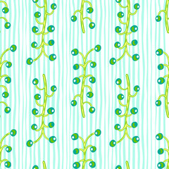 Abstract botanic seamless pattern with blue and green colored berry branches shapes. Striped background.