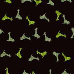 Dark animal safari seamless pattern with cartoon green random giraffe print. Black background.