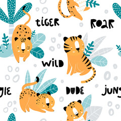 Vector hand-drawn seamless repeating color childish pattern with wild cats, plants and palms in Scandinavian style on a white background. Print with tigers and jaguars. Jungle animals.