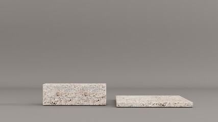 Premium podium on gray background with plant branches, leaves and natural stones. Mock up for the exhibitions, presentation of products, therapy, relaxation and health -3d render.