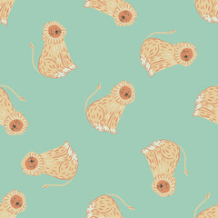 Cartoon kids seamless pattern with beige random lion ornament. Light blue background. Simple design.