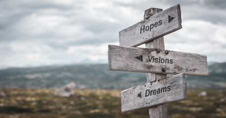 hopes visions dreams text engraved on wooden signpost outdoors in nature. Panorama format.