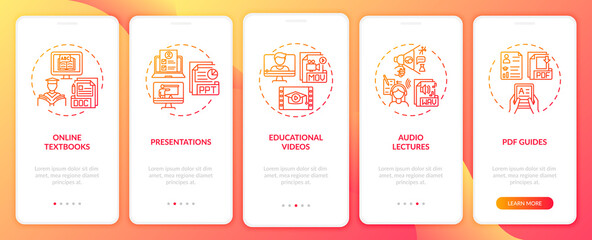 Fototapeta premium Online teaching digital resources onboarding mobile app page screen with concepts. Educational videos walkthrough 5 steps graphic instructions. UI vector template with RGB color illustrations