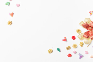 Frame made of heart shape paper on white background. Top view with copy space.