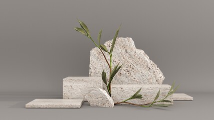 Premium podium on gray background with plant branches, leaves and natural stones. Mock up for the exhibitions, presentation of products, therapy, relaxation and health -3d render.